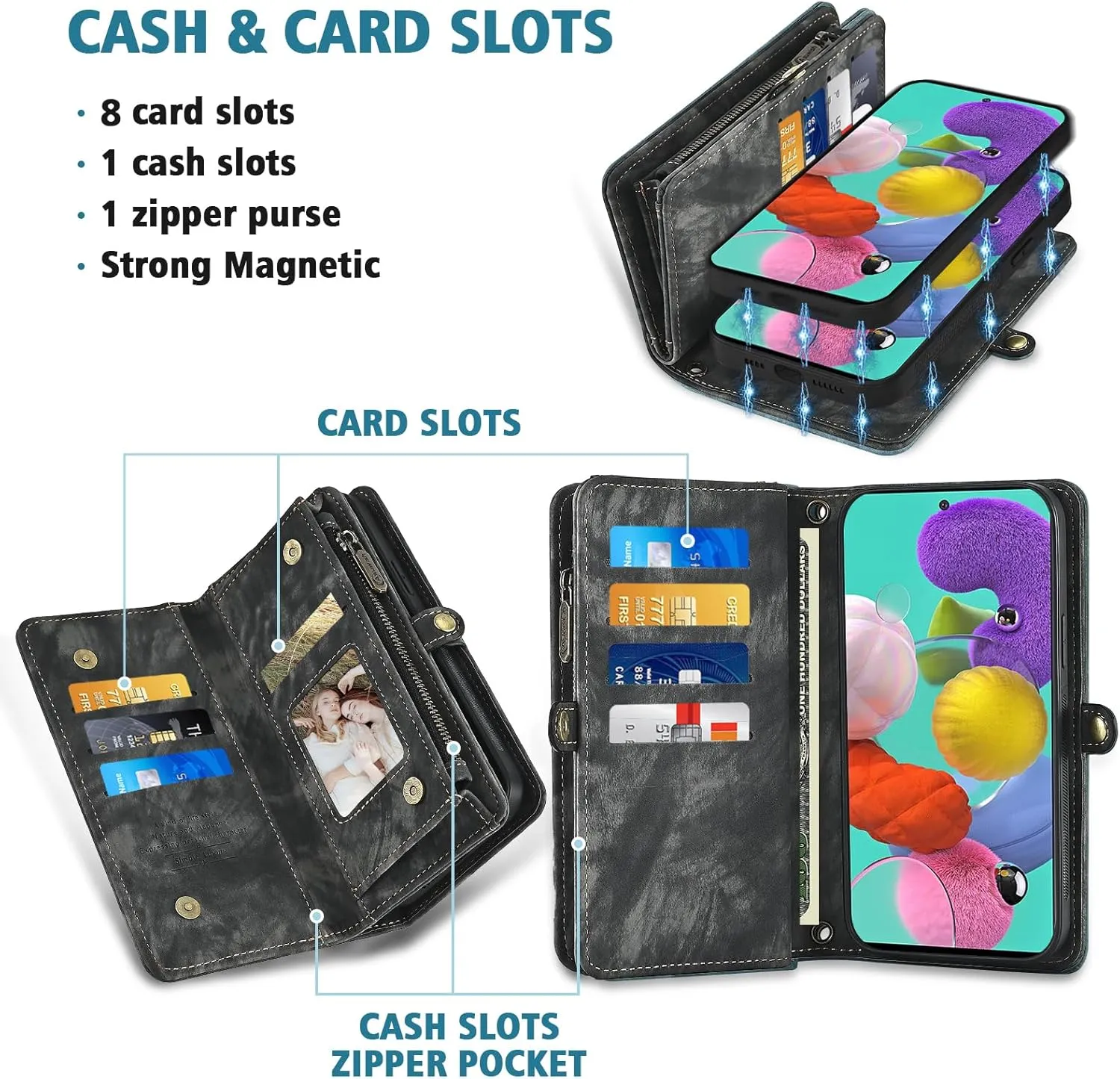 Asuwish Phone Case for Samsung Galaxy A51 4G Zipper Wallet Magnetic Detachable Cell Cover with Tempered Glass Screen Protector Crossbody Strap Flip Card Holder Slot A 51 M40S 51A A515F S51 Women Black