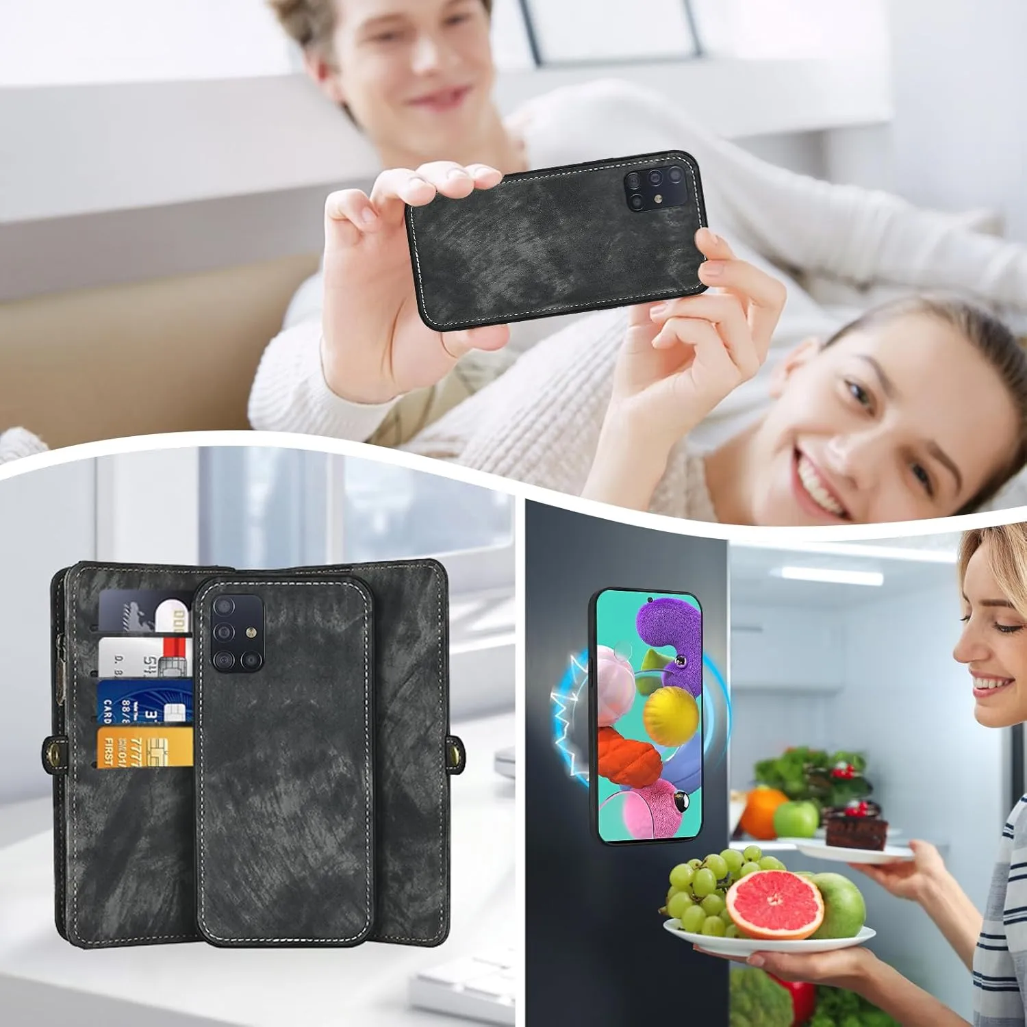 Asuwish Phone Case for Samsung Galaxy A51 4G Zipper Wallet Magnetic Detachable Cell Cover with Tempered Glass Screen Protector Crossbody Strap Flip Card Holder Slot A 51 M40S 51A A515F S51 Women Black