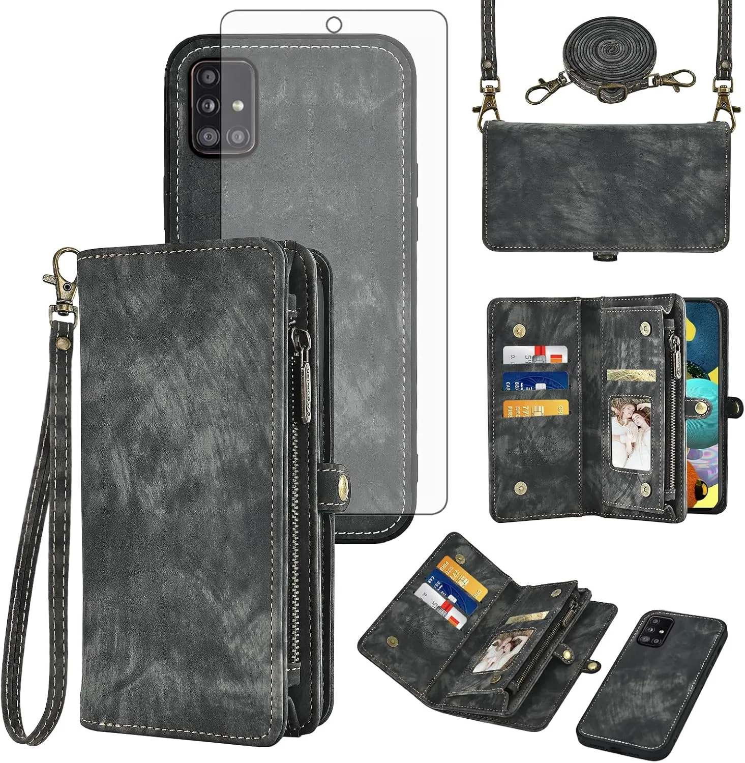 Asuwish Phone Case for Samsung Galaxy A51 5G/A 51 5G UW Verizon Zipper Wallet Detachable Cell Cover with Tempered Glass Screen Protector Crossbody Lanyard Strap Flip Card Holder 51A G5 S51 Women Black