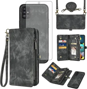 Asuwish Phone Case for Samsung Galaxy A51 5G/A 51 5G UW Verizon Zipper Wallet Detachable Cell Cover with Tempered Glass Screen Protector Crossbody Lanyard Strap Flip Card Holder 51A G5 S51 Women Black