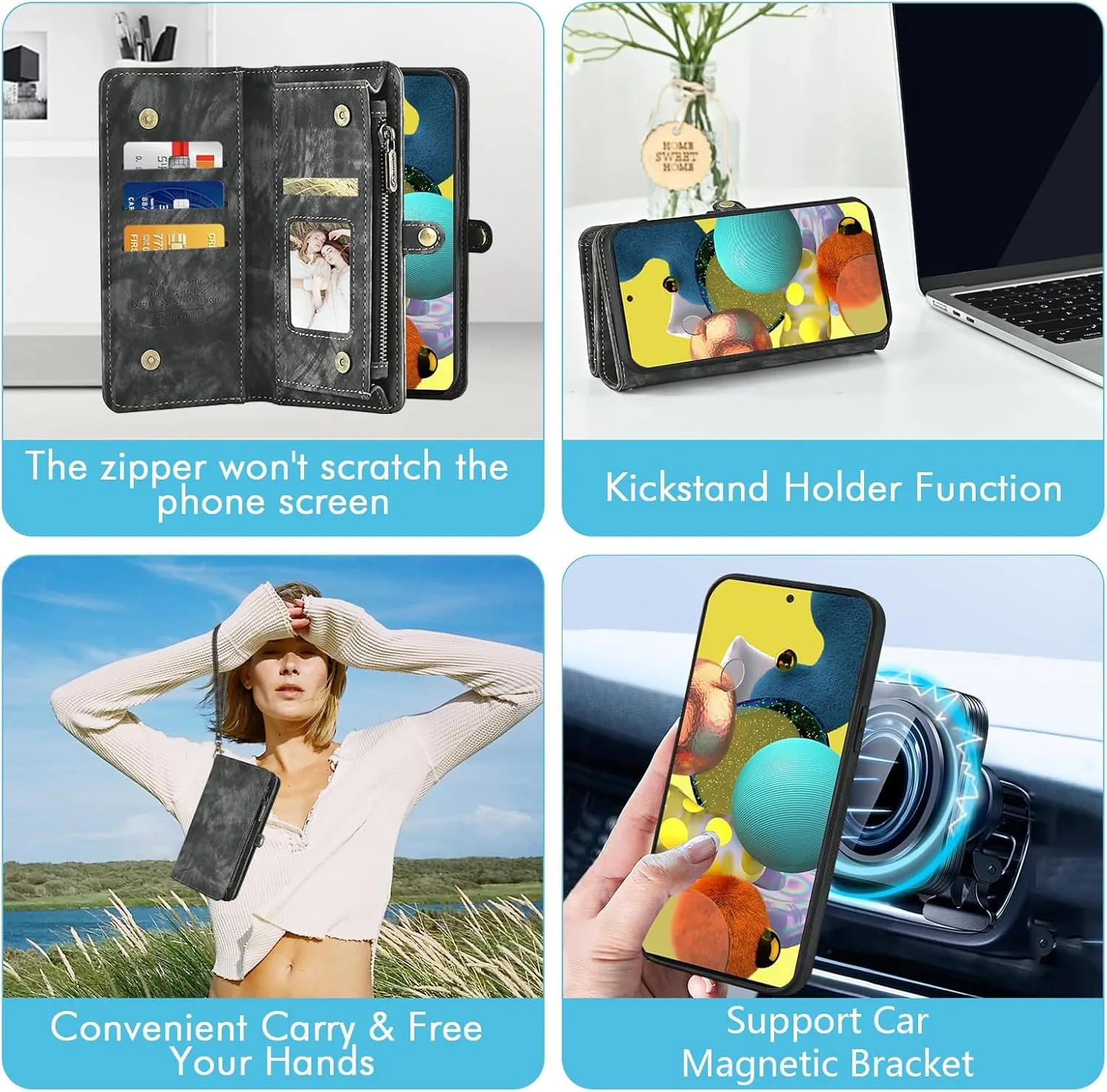 Asuwish Phone Case for Samsung Galaxy A51 5G/A 51 5G UW Verizon Zipper Wallet Detachable Cell Cover with Tempered Glass Screen Protector Crossbody Lanyard Strap Flip Card Holder 51A G5 S51 Women Black