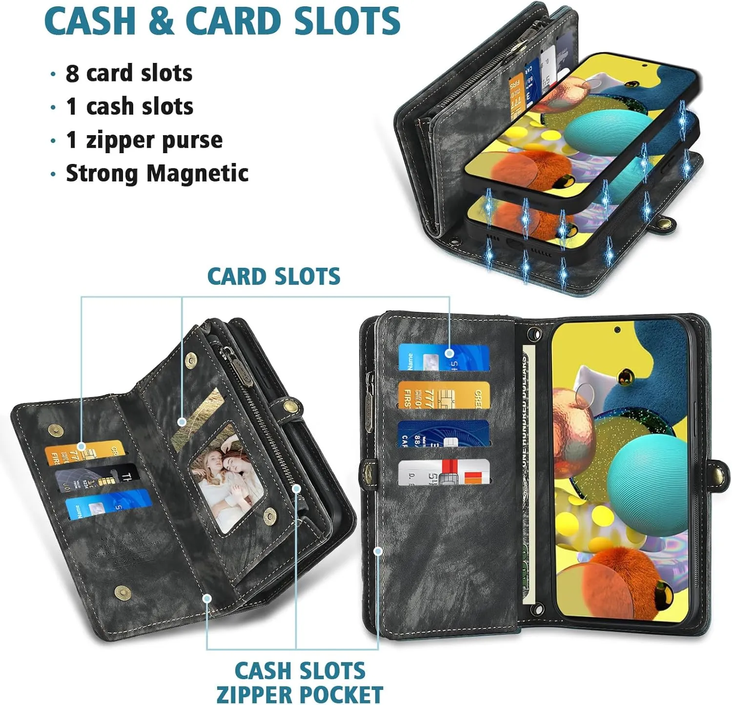 Asuwish Phone Case for Samsung Galaxy A51 5G/A 51 5G UW Verizon Zipper Wallet Detachable Cell Cover with Tempered Glass Screen Protector Crossbody Lanyard Strap Flip Card Holder 51A G5 S51 Women Black
