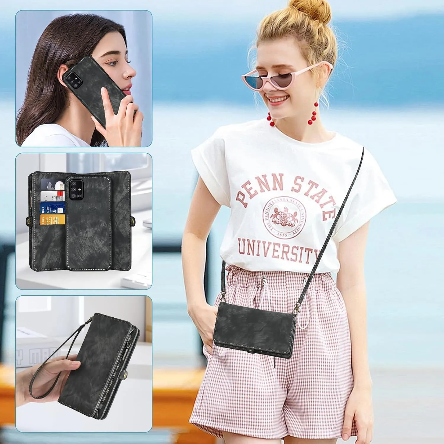 Asuwish Phone Case for Samsung Galaxy A51 5G/A 51 5G UW Verizon Zipper Wallet Detachable Cell Cover with Tempered Glass Screen Protector Crossbody Lanyard Strap Flip Card Holder 51A G5 S51 Women Black