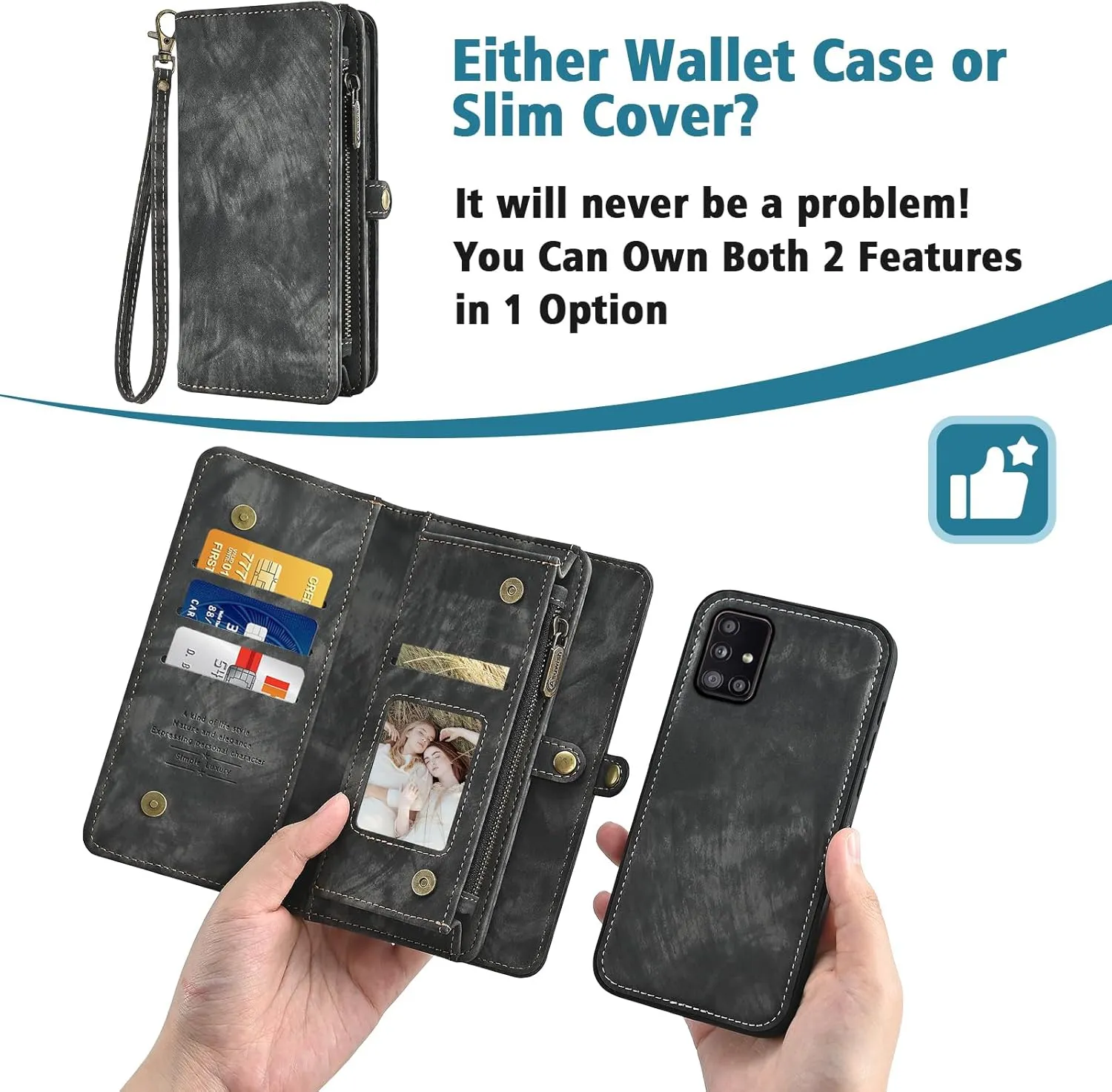 Asuwish Phone Case for Samsung Galaxy A51 5G/A 51 5G UW Verizon Zipper Wallet Detachable Cell Cover with Tempered Glass Screen Protector Crossbody Lanyard Strap Flip Card Holder 51A G5 S51 Women Black