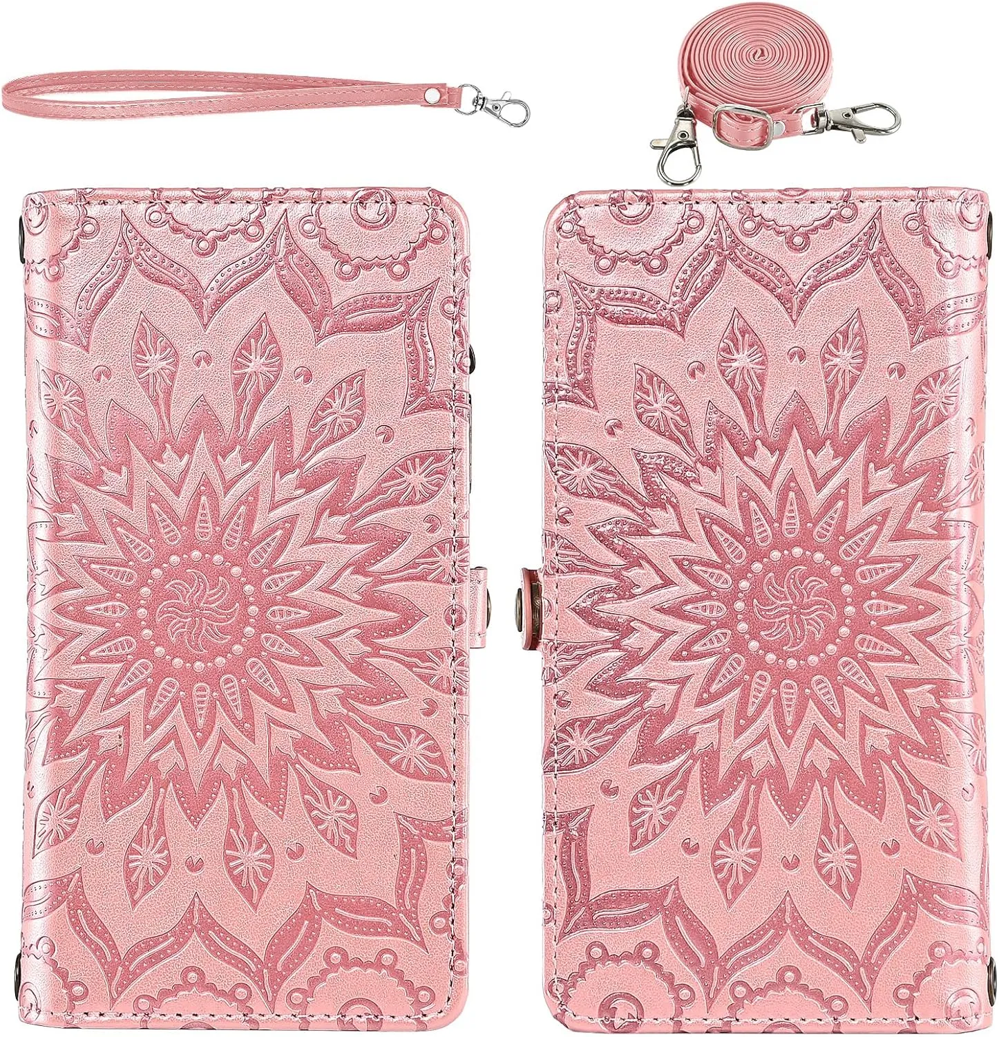 Asuwish Phone Case for Samsung Galaxy A52/A52S 5G Zipper Wallet Detachable Cell Cover with Tempered Glass Screen Protector Strap Flower Flip Card Holder A 52 S 4G G5 52A S52 52S Women Girls Rose Gold