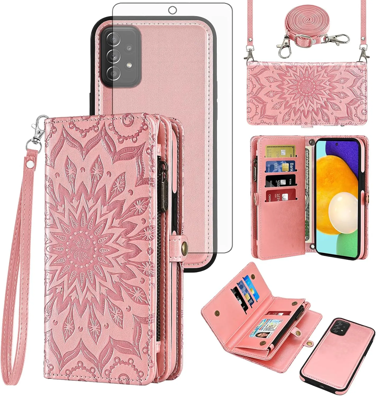 Asuwish Phone Case for Samsung Galaxy A52/A52S 5G Zipper Wallet Detachable Cell Cover with Tempered Glass Screen Protector Strap Flower Flip Card Holder A 52 S 4G G5 52A S52 52S Women Girls Rose Gold