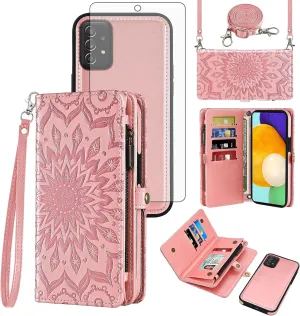Asuwish Phone Case for Samsung Galaxy A52/A52S 5G Zipper Wallet Detachable Cell Cover with Tempered Glass Screen Protector Strap Flower Flip Card Holder A 52 S 4G G5 52A S52 52S Women Girls Rose Gold