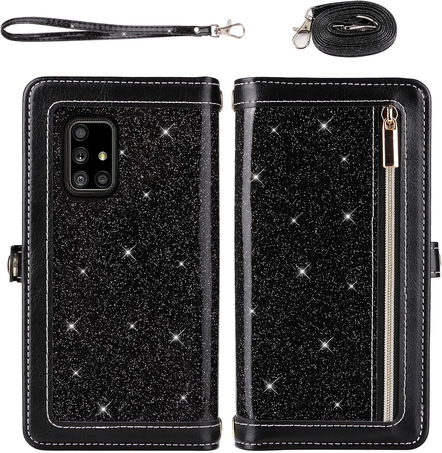 Asuwish Phone Case for Samsung Galaxy A71 5G Zipper Wallet Detachable Cell Cover with Tempered Glass Screen Protector Crossbody Strap Bling Glitter Flip Card Holder A 71 G5 71A S71 Women Girls Black