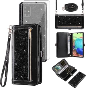 Asuwish Phone Case for Samsung Galaxy A71 5G Zipper Wallet Detachable Cell Cover with Tempered Glass Screen Protector Crossbody Strap Bling Glitter Flip Card Holder A 71 G5 71A S71 Women Girls Black