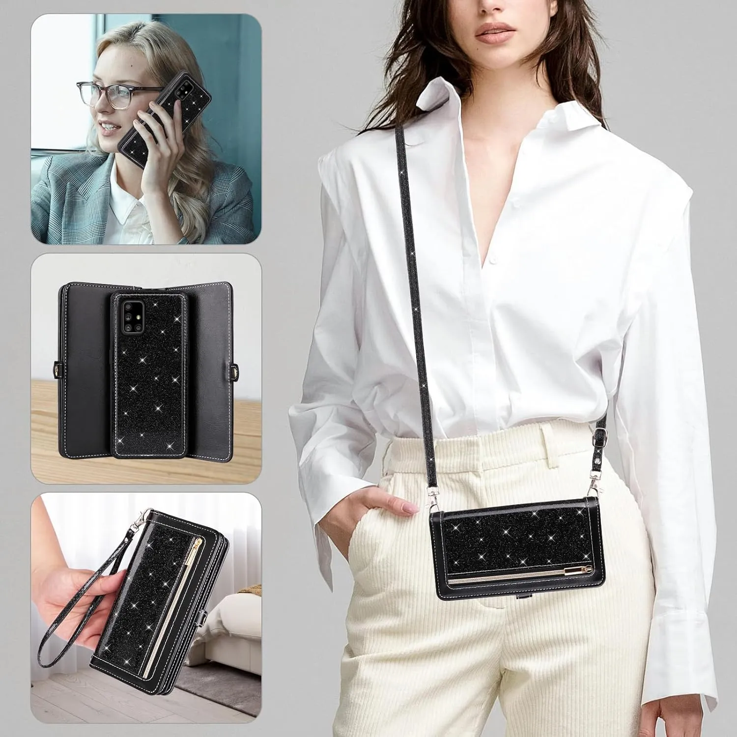 Asuwish Phone Case for Samsung Galaxy A71 5G Zipper Wallet Detachable Cell Cover with Tempered Glass Screen Protector Crossbody Strap Bling Glitter Flip Card Holder A 71 G5 71A S71 Women Girls Black