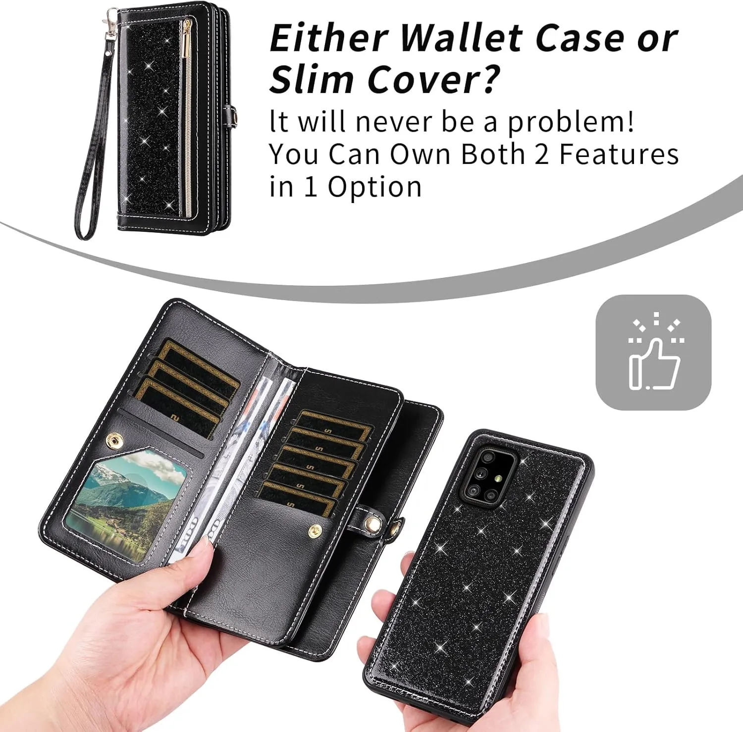 Asuwish Phone Case for Samsung Galaxy A71 5G Zipper Wallet Detachable Cell Cover with Tempered Glass Screen Protector Crossbody Strap Bling Glitter Flip Card Holder A 71 G5 71A S71 Women Girls Black