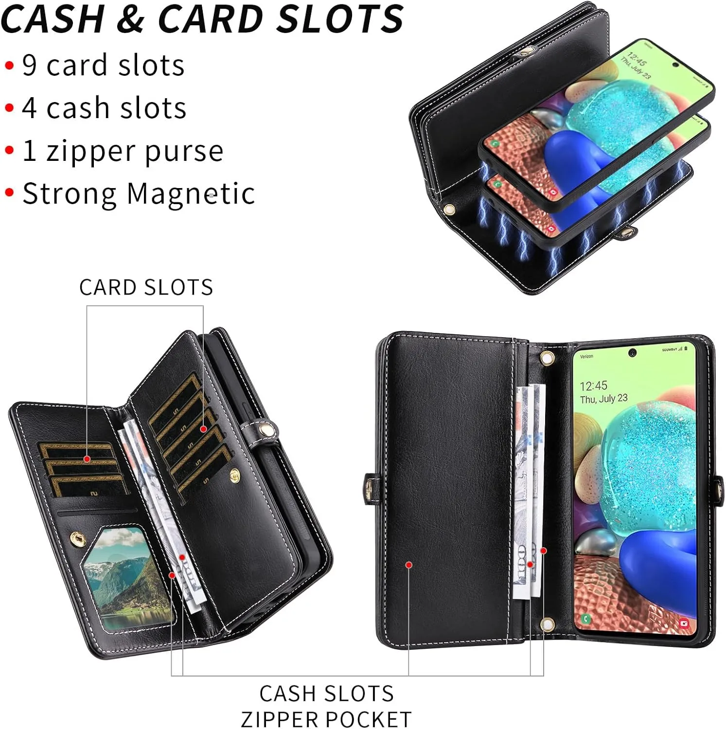 Asuwish Phone Case for Samsung Galaxy A71 5G Zipper Wallet Detachable Cell Cover with Tempered Glass Screen Protector Crossbody Strap Bling Glitter Flip Card Holder A 71 G5 71A S71 Women Girls Black