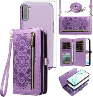 Asuwish Phone Case for Samsung Galaxy Note 10 5G Zipper Wallet Detachable Cell Cover with Tempered Glass Screen Protector Crossbody Strap Flower Card Holder Note10 Notes 10s Ten Not S10 Women Purple