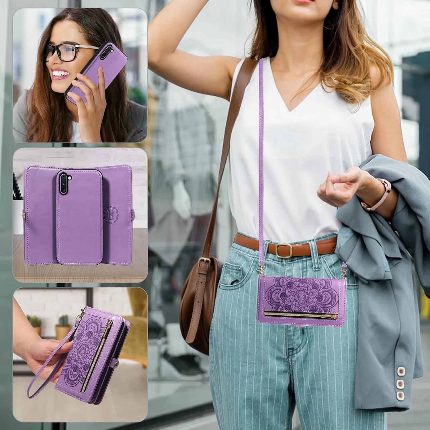 Asuwish Phone Case for Samsung Galaxy Note 10 5G Zipper Wallet Detachable Cell Cover with Tempered Glass Screen Protector Crossbody Strap Flower Card Holder Note10 Notes 10s Ten Not S10 Women Purple