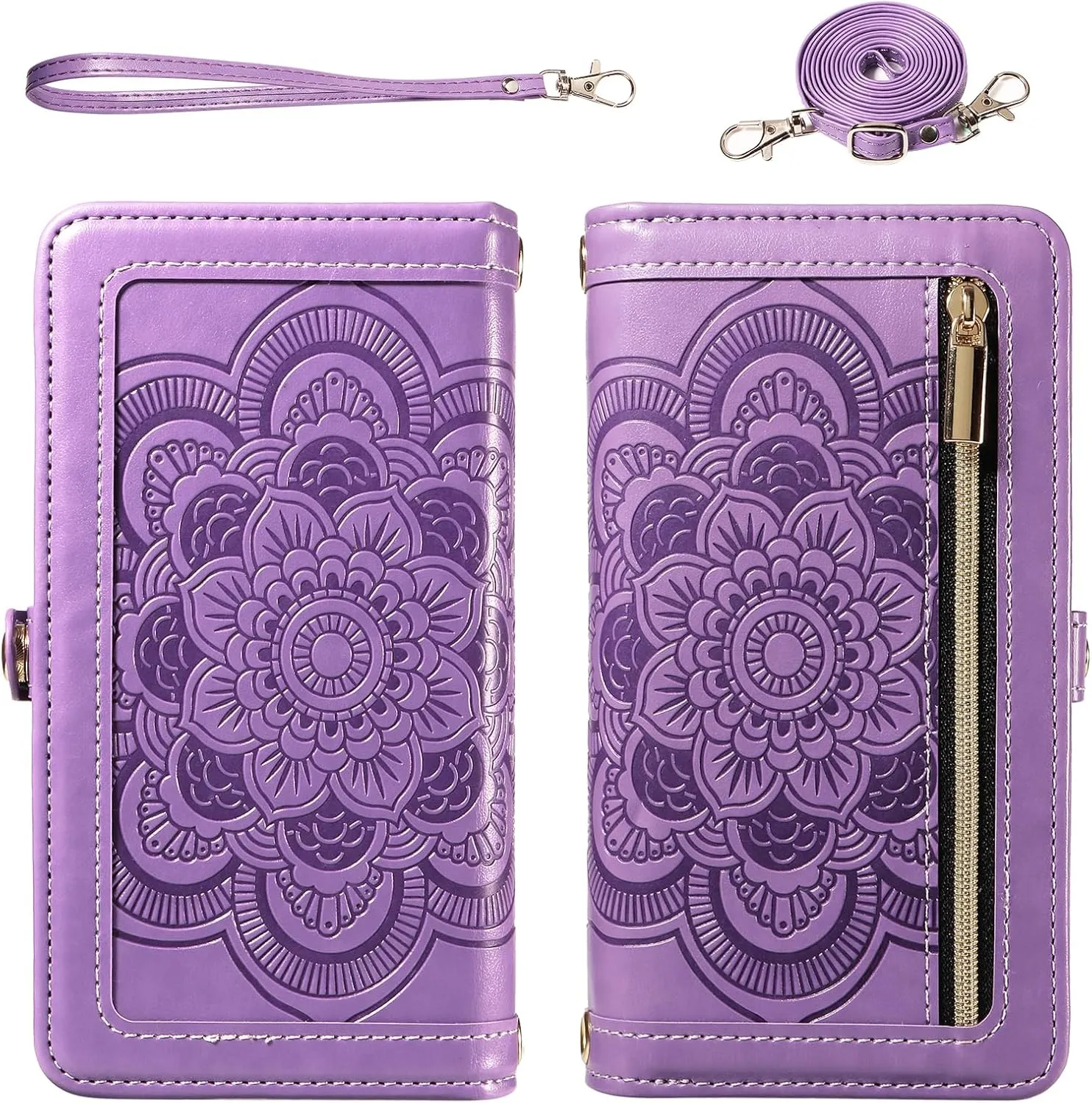 Asuwish Phone Case for Samsung Galaxy Note 10 5G Zipper Wallet Detachable Cell Cover with Tempered Glass Screen Protector Crossbody Strap Flower Card Holder Note10 Notes 10s Ten Not S10 Women Purple