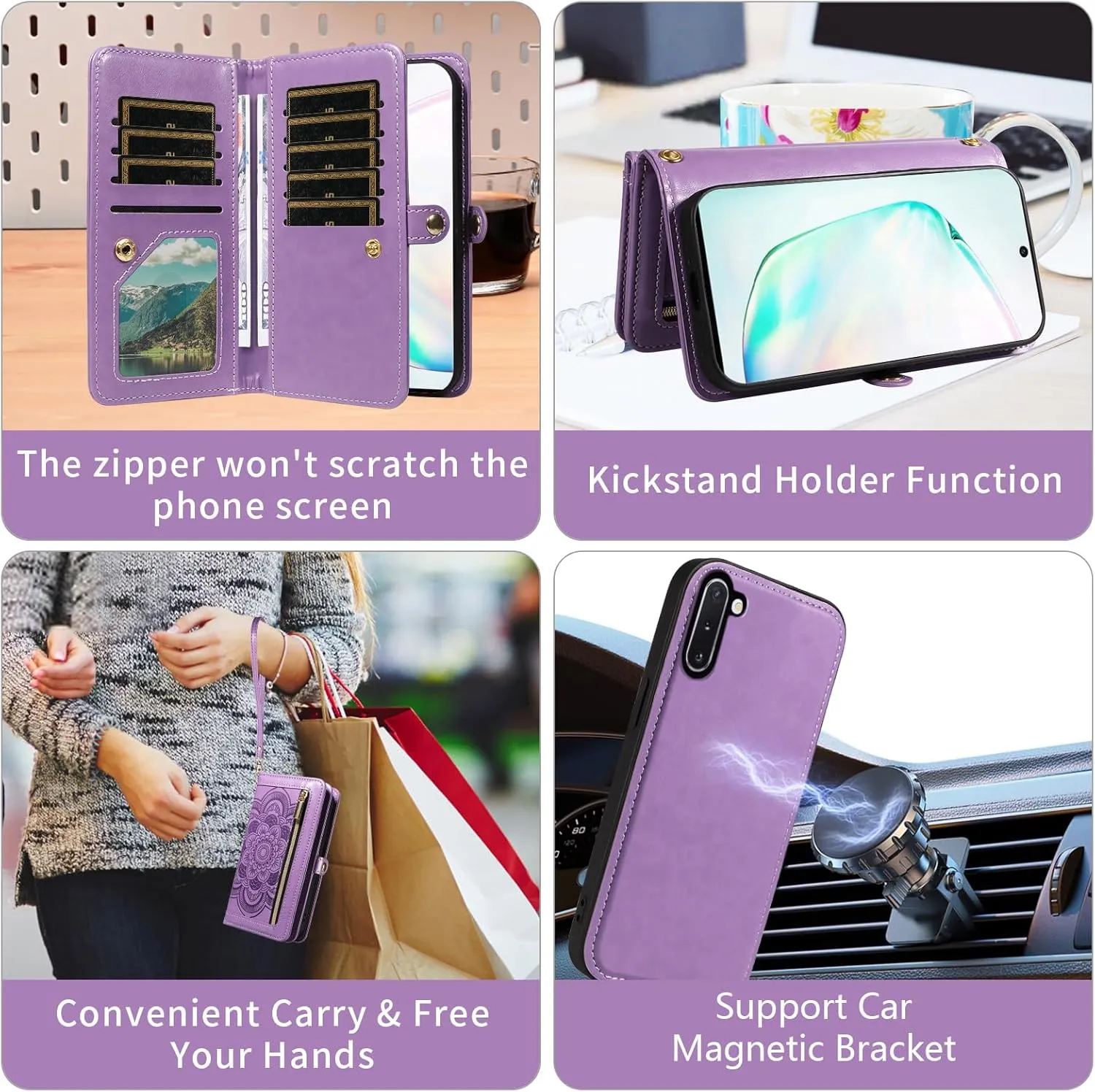 Asuwish Phone Case for Samsung Galaxy Note 10 5G Zipper Wallet Detachable Cell Cover with Tempered Glass Screen Protector Crossbody Strap Flower Card Holder Note10 Notes 10s Ten Not S10 Women Purple