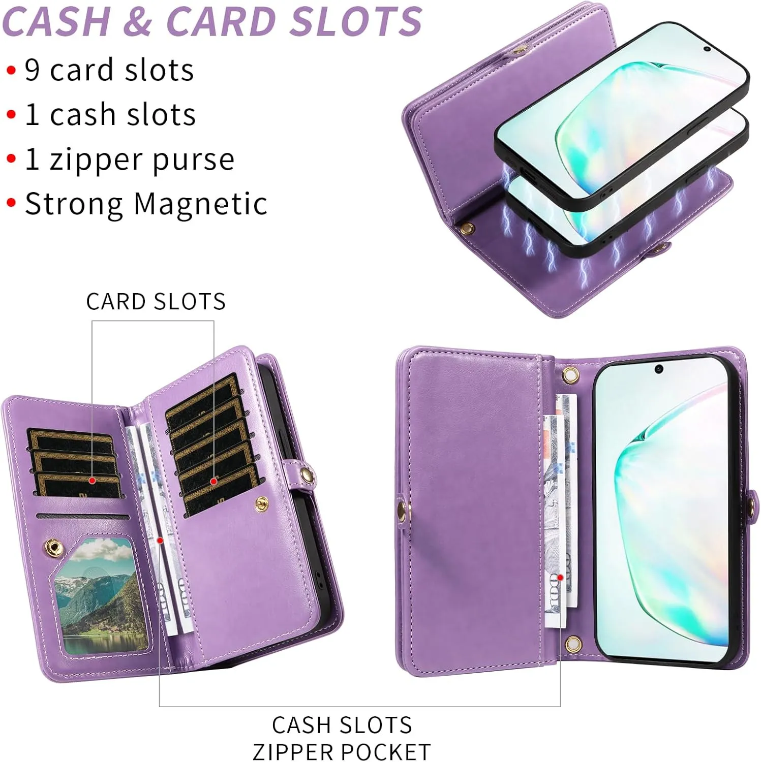 Asuwish Phone Case for Samsung Galaxy Note 10 5G Zipper Wallet Detachable Cell Cover with Tempered Glass Screen Protector Crossbody Strap Flower Card Holder Note10 Notes 10s Ten Not S10 Women Purple
