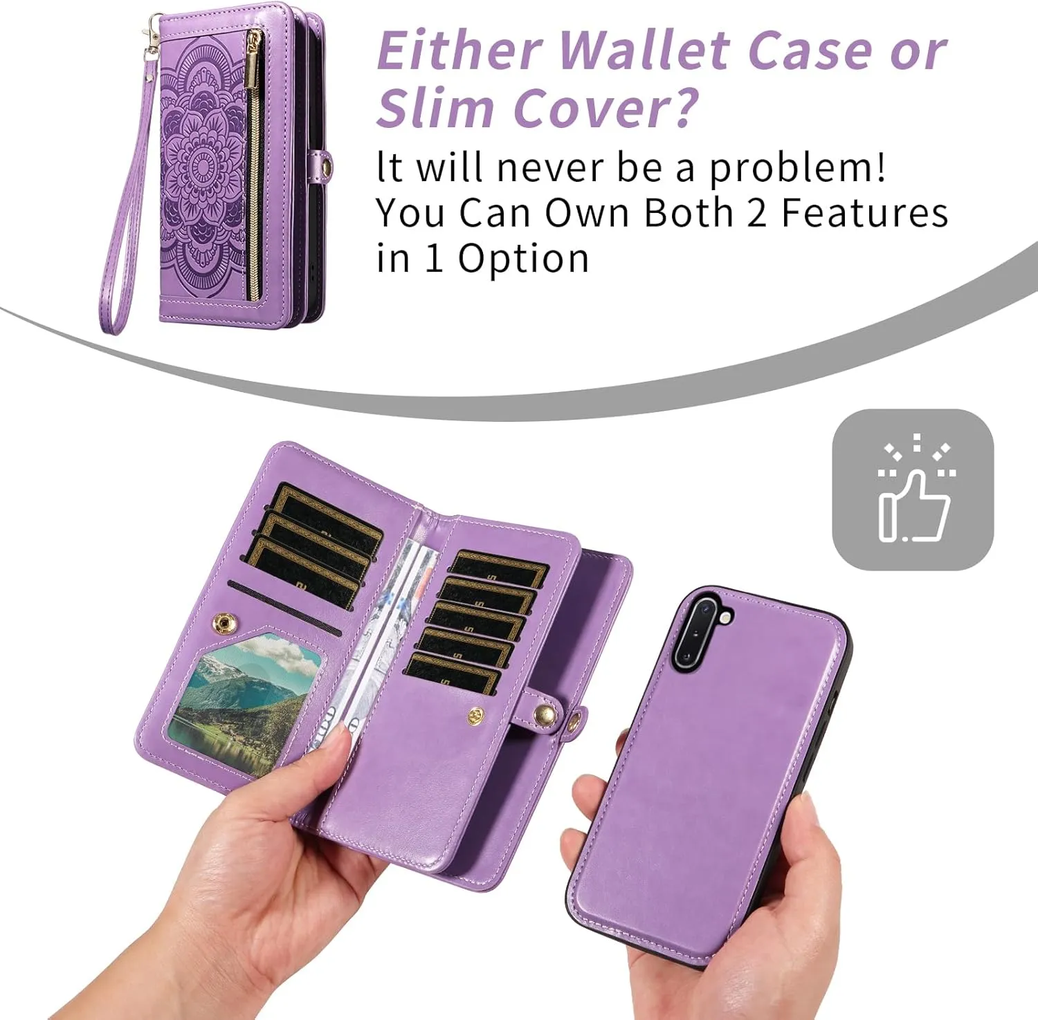 Asuwish Phone Case for Samsung Galaxy Note 10 5G Zipper Wallet Detachable Cell Cover with Tempered Glass Screen Protector Crossbody Strap Flower Card Holder Note10 Notes 10s Ten Not S10 Women Purple