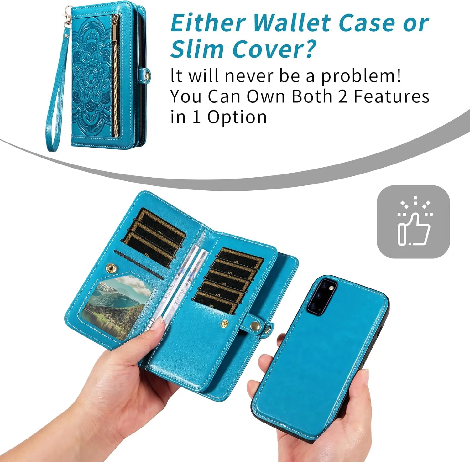 Asuwish Phone Case for Samsung Galaxy Note 20 5G Zipper Wallet Detachable Cell Cover with Tempered Glass Screen Protector Crossbody Strap Flower Card Holder Note20 Notes 20s Twenty Not S20 Women Blue