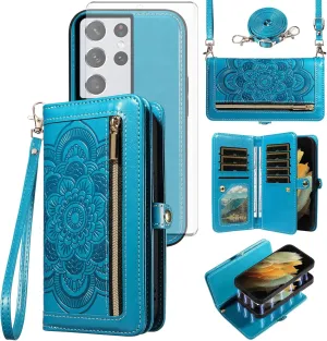 Asuwish Phone Case for Samsung Galaxy S21 Ultra 5G Zipper Wallet Detachable Cell Cover with Tempered Glass Screen Protector Crossbody Strap Flower Card Holder S21ultra 21S S 21 21ultra G5 Women Blue