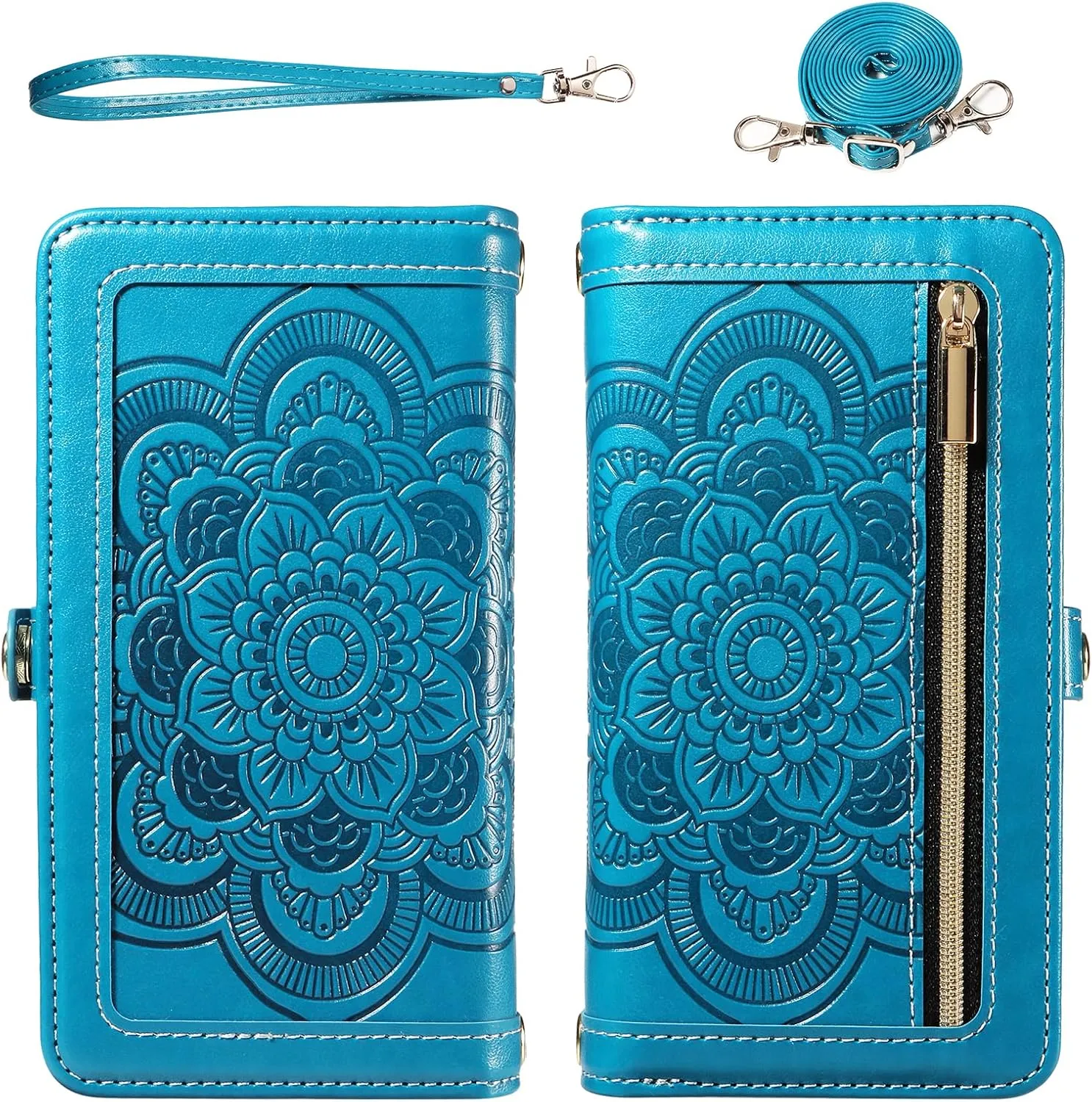 Asuwish Phone Case for Samsung Galaxy S21 Ultra 5G Zipper Wallet Detachable Cell Cover with Tempered Glass Screen Protector Crossbody Strap Flower Card Holder S21ultra 21S S 21 21ultra G5 Women Blue