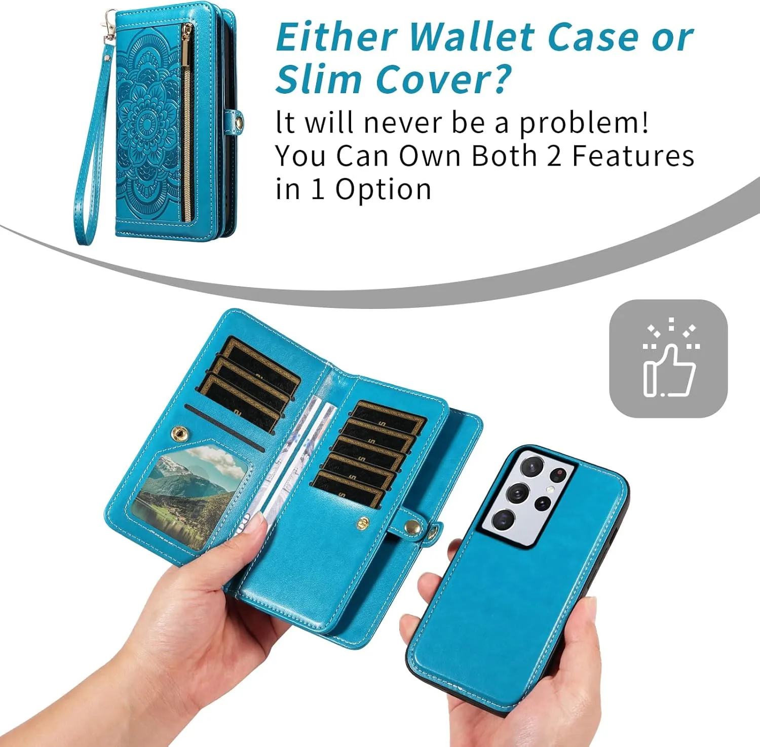 Asuwish Phone Case for Samsung Galaxy S21 Ultra 5G Zipper Wallet Detachable Cell Cover with Tempered Glass Screen Protector Crossbody Strap Flower Card Holder S21ultra 21S S 21 21ultra G5 Women Blue