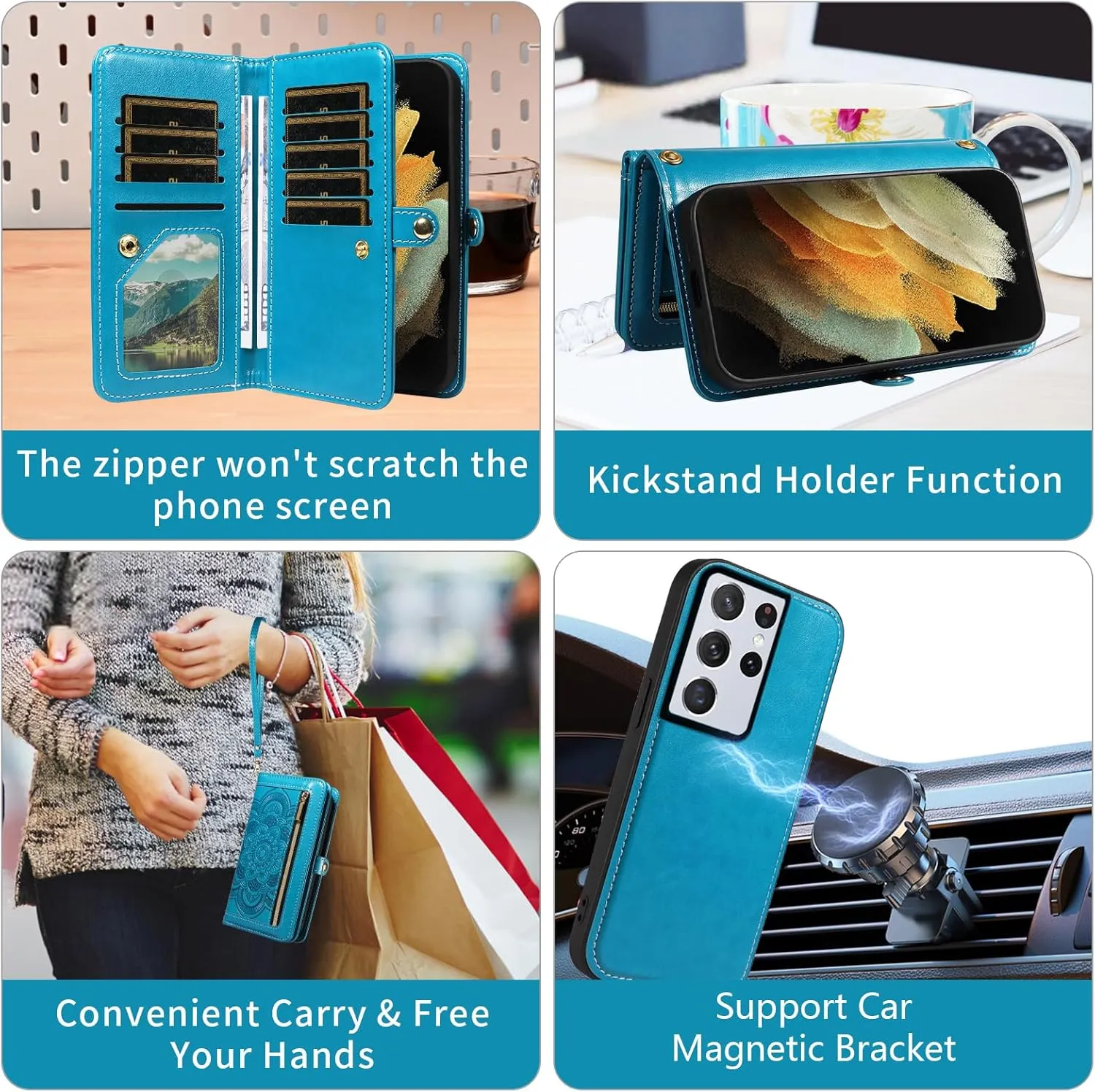 Asuwish Phone Case for Samsung Galaxy S21 Ultra 5G Zipper Wallet Detachable Cell Cover with Tempered Glass Screen Protector Crossbody Strap Flower Card Holder S21ultra 21S S 21 21ultra G5 Women Blue