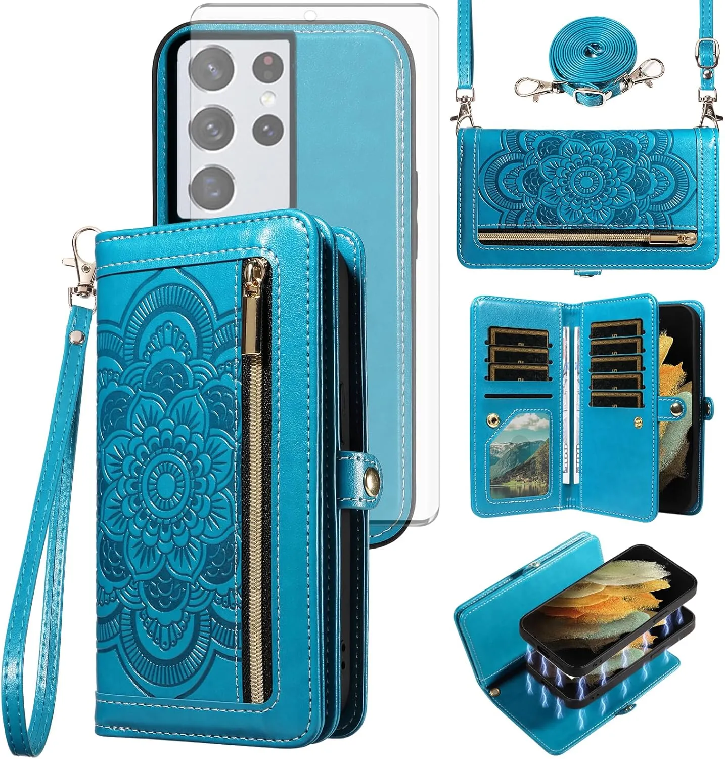 Asuwish Phone Case for Samsung Galaxy S21 Ultra 5G Zipper Wallet Detachable Cell Cover with Tempered Glass Screen Protector Crossbody Strap Flower Card Holder S21ultra 21S S 21 21ultra G5 Women Blue