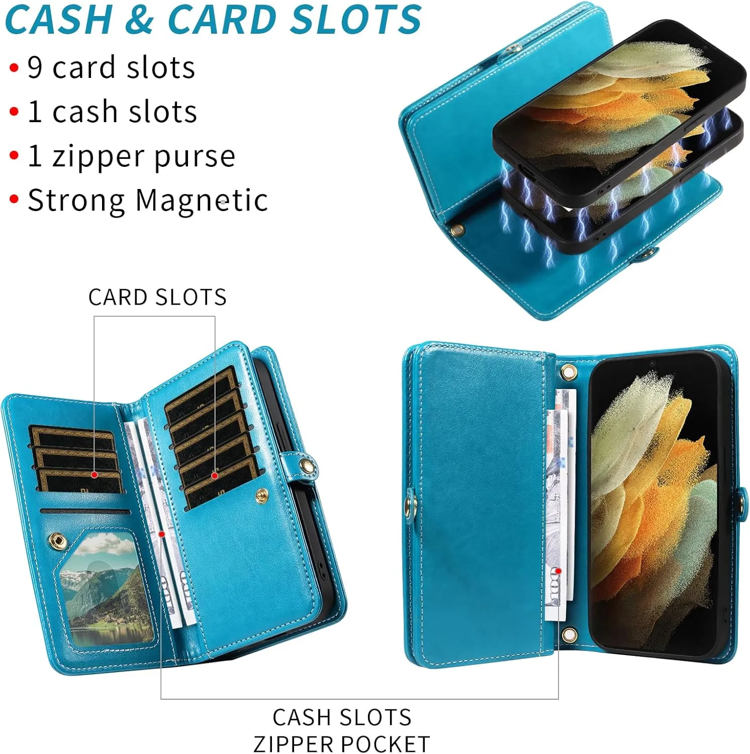 Asuwish Phone Case for Samsung Galaxy S21 Ultra 5G Zipper Wallet Detachable Cell Cover with Tempered Glass Screen Protector Crossbody Strap Flower Card Holder S21ultra 21S S 21 21ultra G5 Women Blue