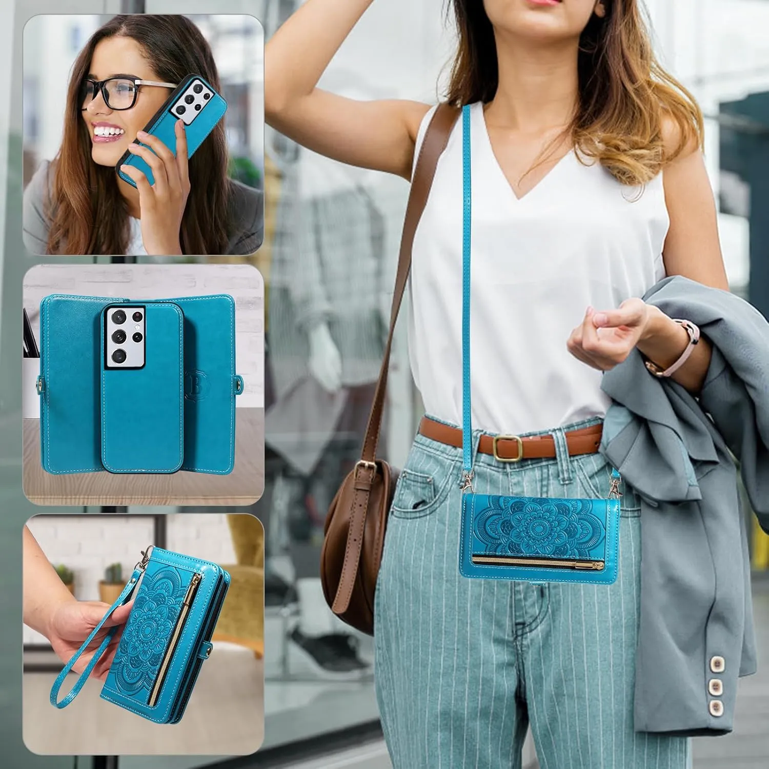 Asuwish Phone Case for Samsung Galaxy S21 Ultra 5G Zipper Wallet Detachable Cell Cover with Tempered Glass Screen Protector Crossbody Strap Flower Card Holder S21ultra 21S S 21 21ultra G5 Women Blue