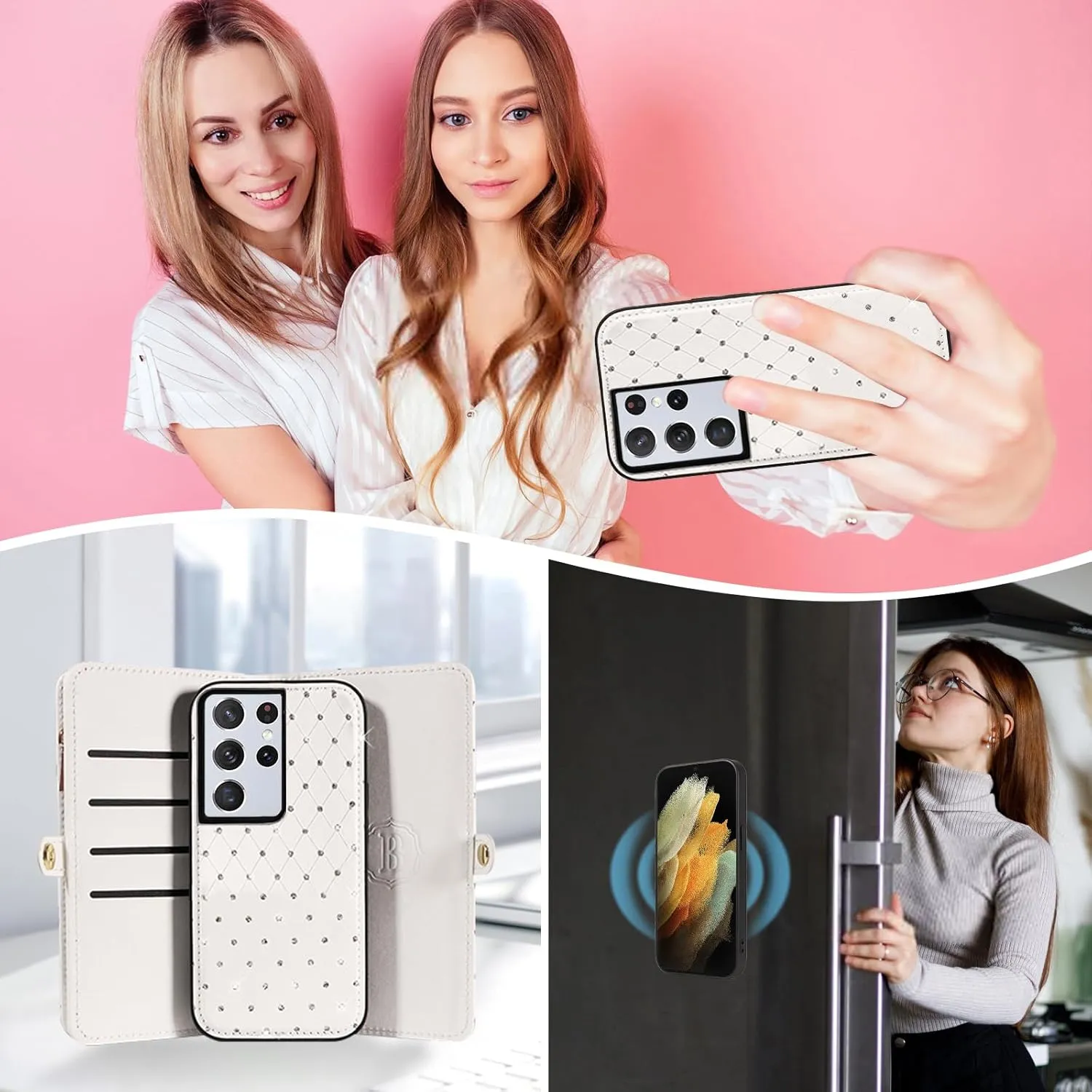 Asuwish Phone Case for Samsung Galaxy S21 Ultra 5G Zipper Wallet Detachable Cell Cover with Tempered Glass Screen Protector Strap Glitter Flip Card Holder Slot S21ultra 21S S 21 21ultra G5 Women White