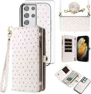 Asuwish Phone Case for Samsung Galaxy S21 Ultra 5G Zipper Wallet Detachable Cell Cover with Tempered Glass Screen Protector Strap Glitter Flip Card Holder Slot S21ultra 21S S 21 21ultra G5 Women White