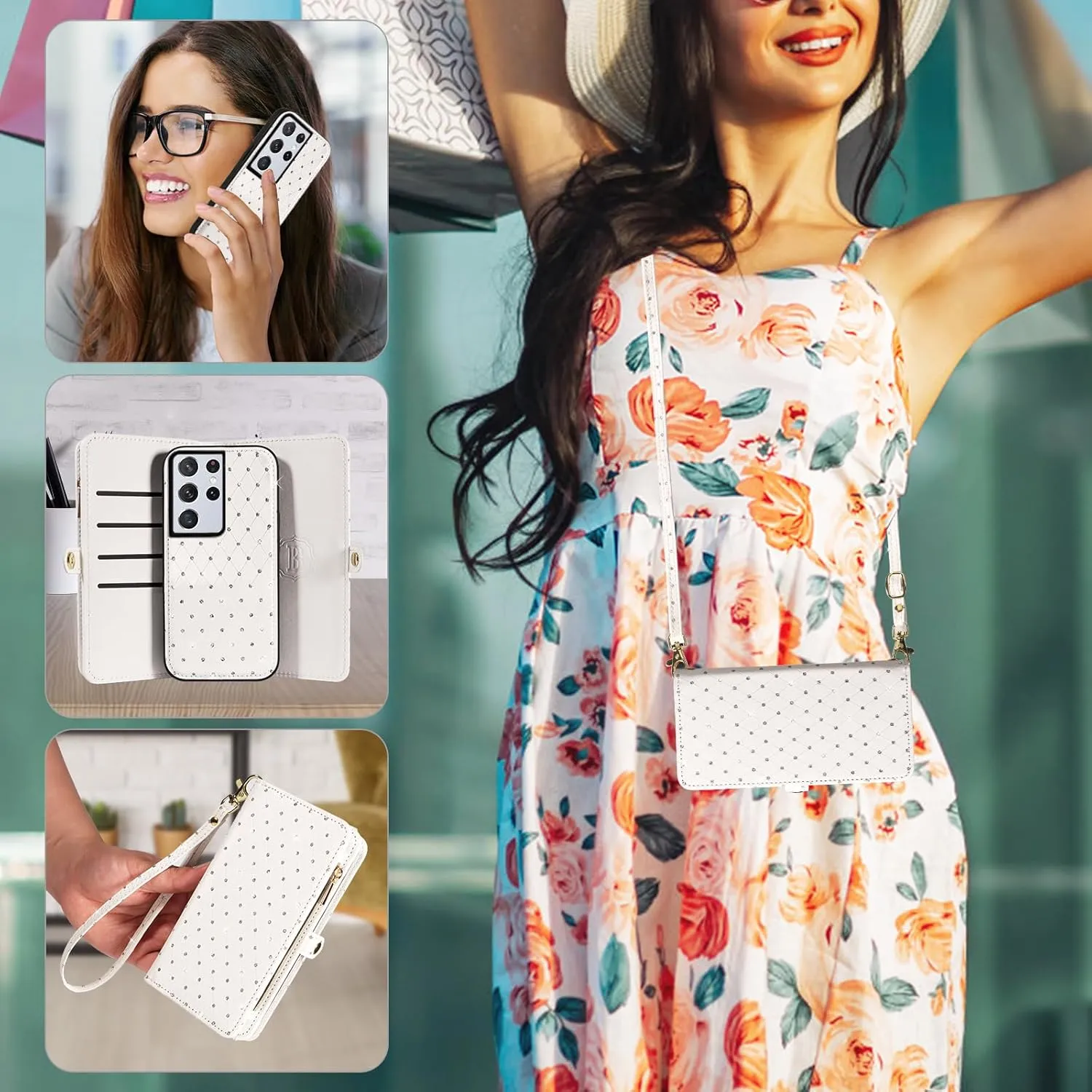 Asuwish Phone Case for Samsung Galaxy S21 Ultra 5G Zipper Wallet Detachable Cell Cover with Tempered Glass Screen Protector Strap Glitter Flip Card Holder Slot S21ultra 21S S 21 21ultra G5 Women White