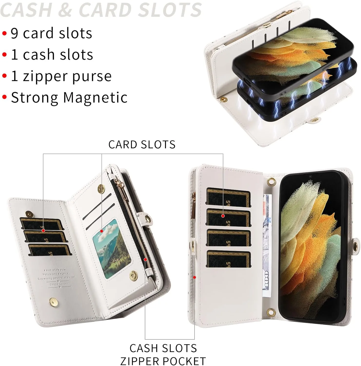 Asuwish Phone Case for Samsung Galaxy S21 Ultra 5G Zipper Wallet Detachable Cell Cover with Tempered Glass Screen Protector Strap Glitter Flip Card Holder Slot S21ultra 21S S 21 21ultra G5 Women White
