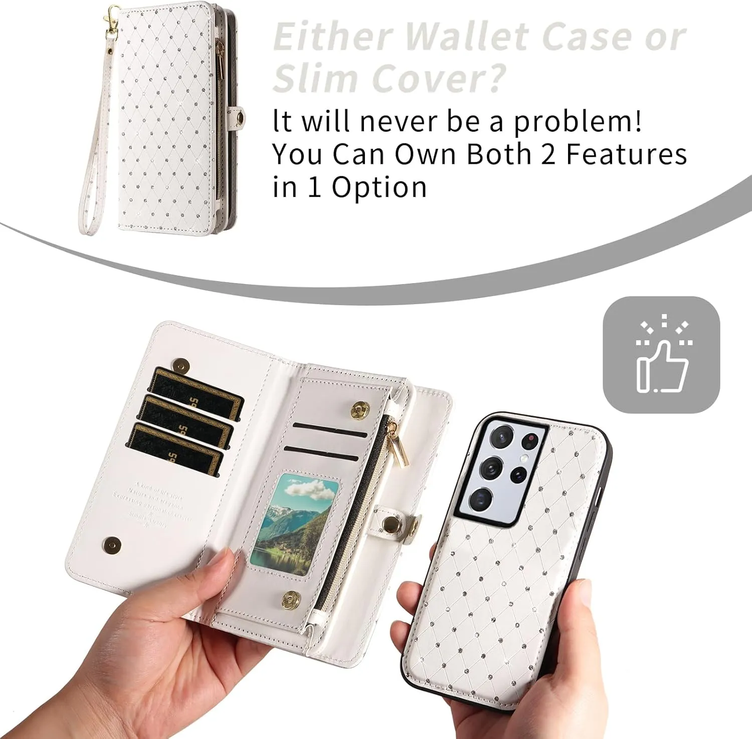 Asuwish Phone Case for Samsung Galaxy S21 Ultra 5G Zipper Wallet Detachable Cell Cover with Tempered Glass Screen Protector Strap Glitter Flip Card Holder Slot S21ultra 21S S 21 21ultra G5 Women White