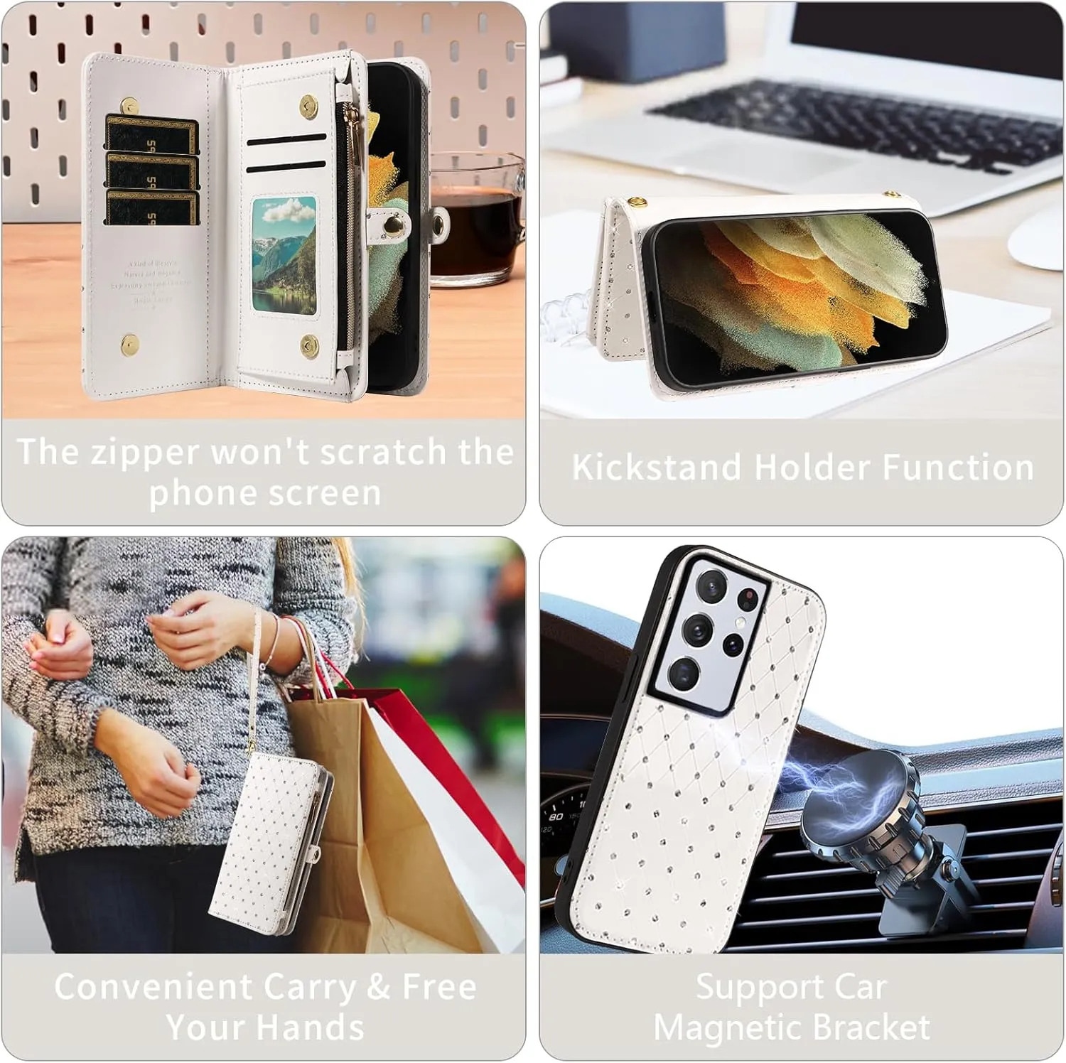 Asuwish Phone Case for Samsung Galaxy S21 Ultra 5G Zipper Wallet Detachable Cell Cover with Tempered Glass Screen Protector Strap Glitter Flip Card Holder Slot S21ultra 21S S 21 21ultra G5 Women White