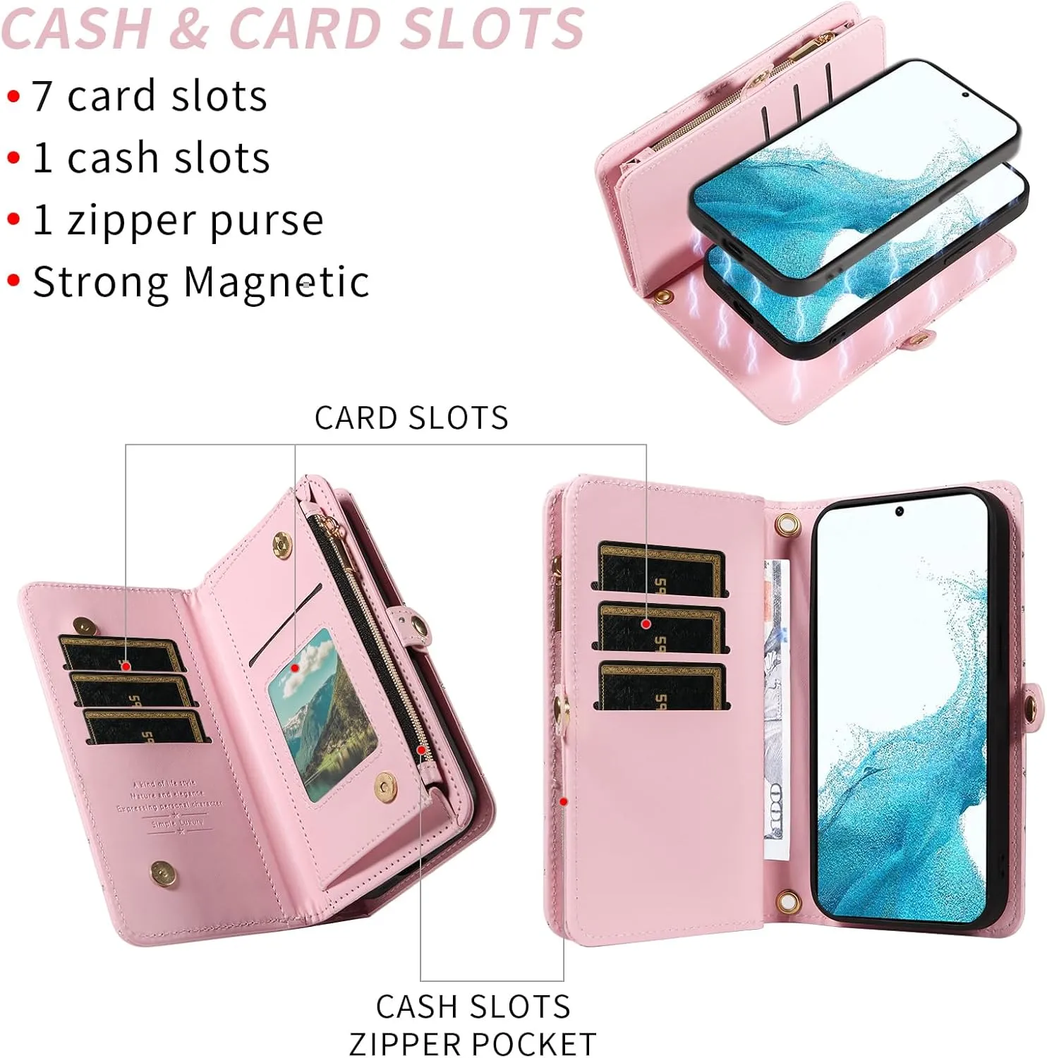 Asuwish Phone Case for Samsung Galaxy S22 5G Zipper Wallet Detachable Cell Cover with Tempered Glass Screen Protector Crossbody Strap Glitter Flip Card Holder Slot S 22 22S 4G G5 6.1 inch Women Pink