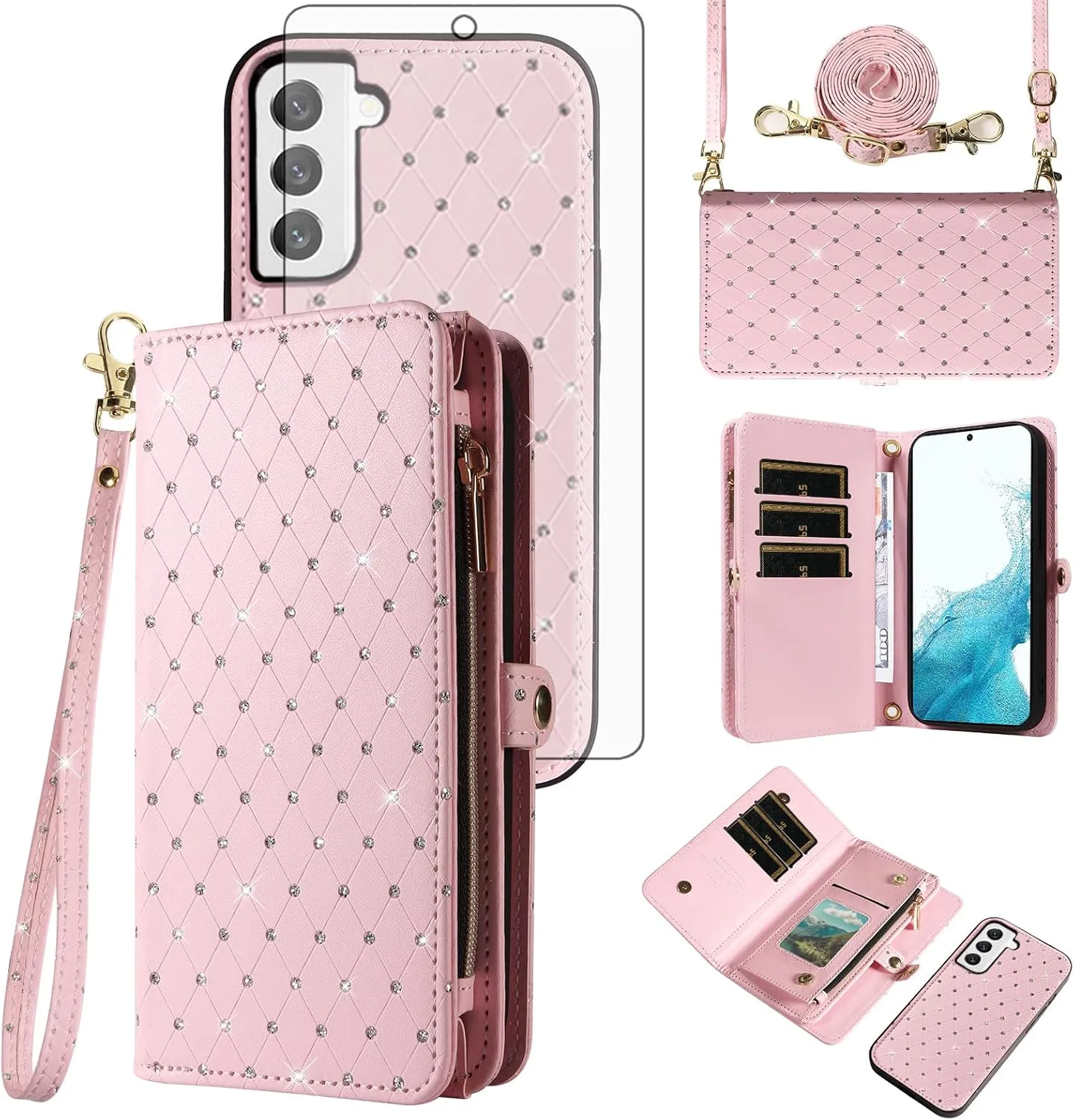 Asuwish Phone Case for Samsung Galaxy S22 5G Zipper Wallet Detachable Cell Cover with Tempered Glass Screen Protector Crossbody Strap Glitter Flip Card Holder Slot S 22 22S 4G G5 6.1 inch Women Pink