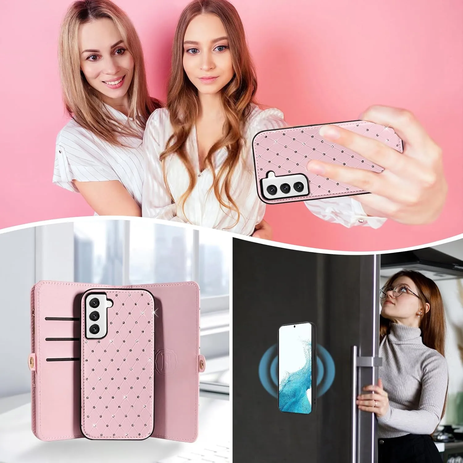 Asuwish Phone Case for Samsung Galaxy S22 5G Zipper Wallet Detachable Cell Cover with Tempered Glass Screen Protector Crossbody Strap Glitter Flip Card Holder Slot S 22 22S 4G G5 6.1 inch Women Pink