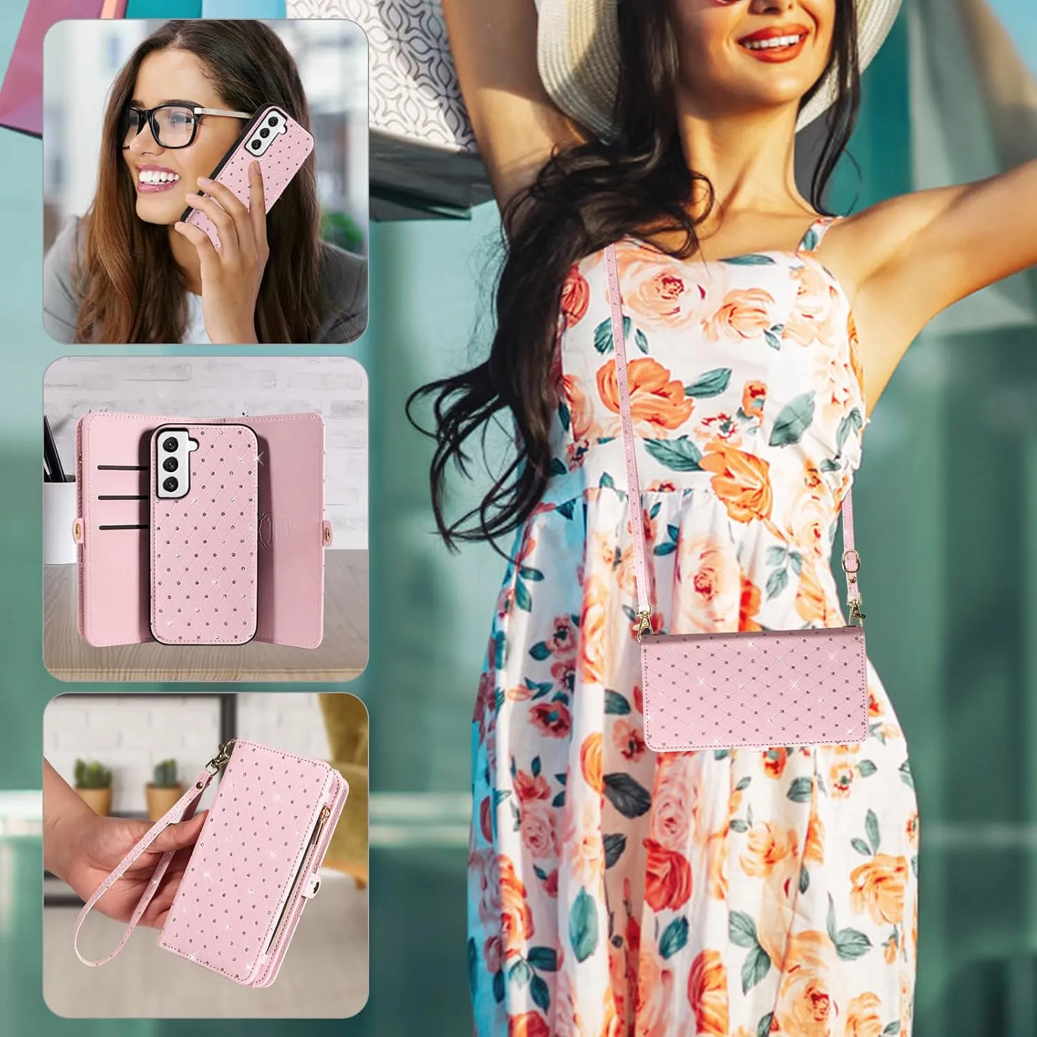 Asuwish Phone Case for Samsung Galaxy S22 5G Zipper Wallet Detachable Cell Cover with Tempered Glass Screen Protector Crossbody Strap Glitter Flip Card Holder Slot S 22 22S 4G G5 6.1 inch Women Pink