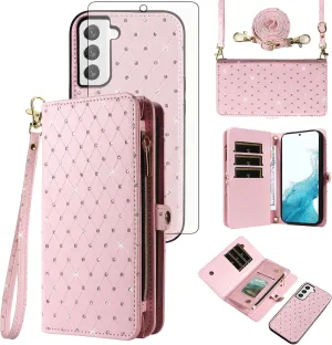 Asuwish Phone Case for Samsung Galaxy S22 5G Zipper Wallet Detachable Cell Cover with Tempered Glass Screen Protector Crossbody Strap Glitter Flip Card Holder Slot S 22 22S 4G G5 6.1 inch Women Pink