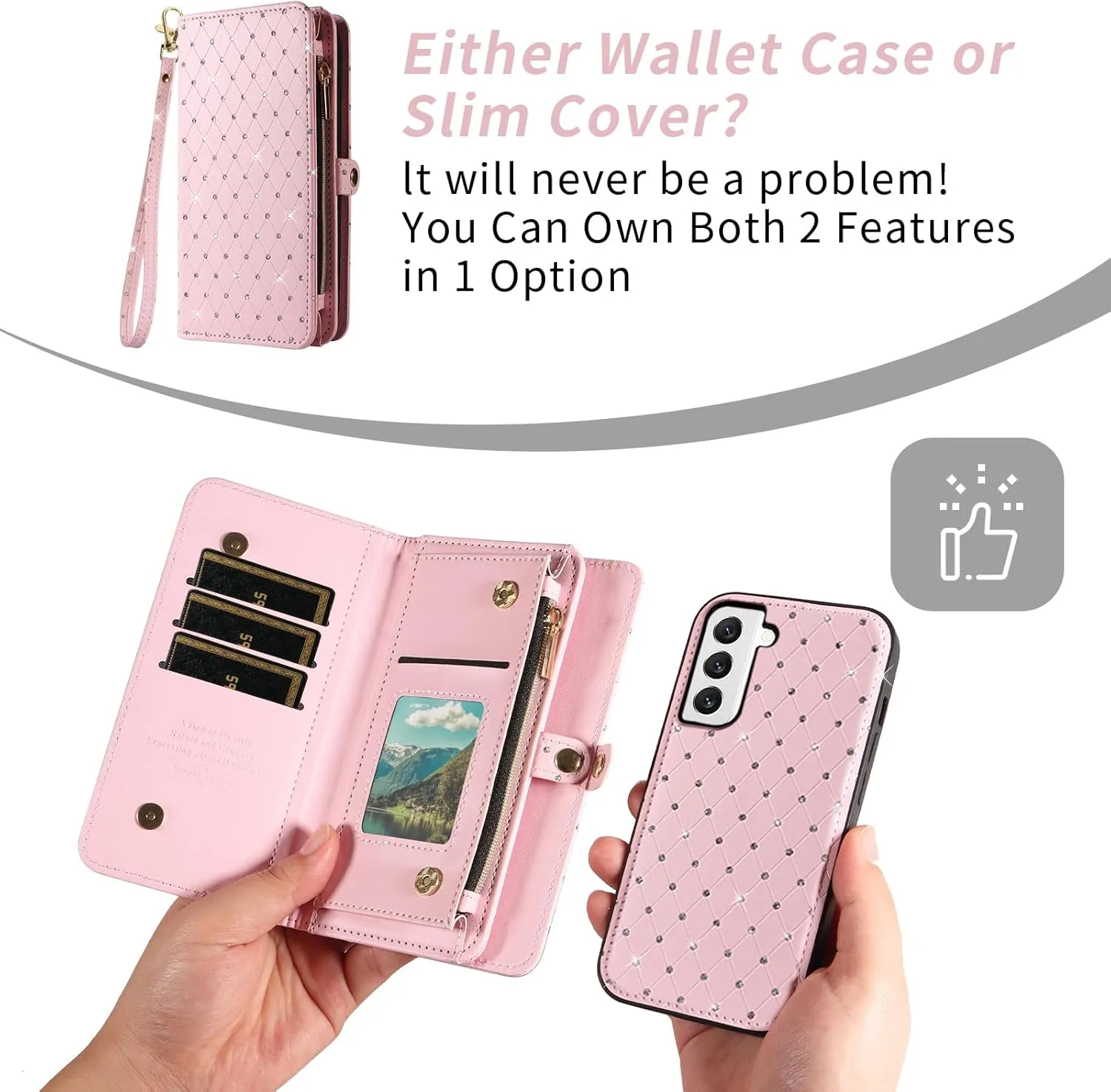 Asuwish Phone Case for Samsung Galaxy S22 5G Zipper Wallet Detachable Cell Cover with Tempered Glass Screen Protector Crossbody Strap Glitter Flip Card Holder Slot S 22 22S 4G G5 6.1 inch Women Pink