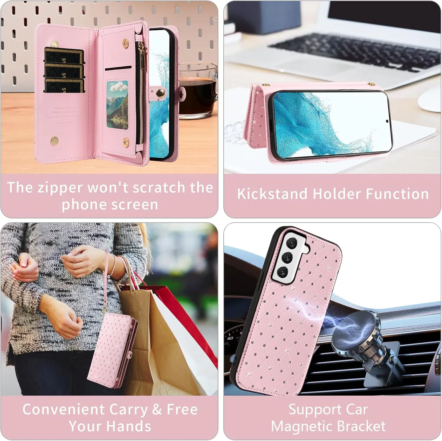 Asuwish Phone Case for Samsung Galaxy S22 5G Zipper Wallet Detachable Cell Cover with Tempered Glass Screen Protector Crossbody Strap Glitter Flip Card Holder Slot S 22 22S 4G G5 6.1 inch Women Pink