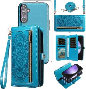 Asuwish Phone Case for Samsung Galaxy S23 FE 5G Zipper Wallet Magnetic Detachable Cell Cover with Tempered Glass Screen Protector Crossbody Strap Flower Credit Card Holder S 23 EF S23FE 23S Women Blue
