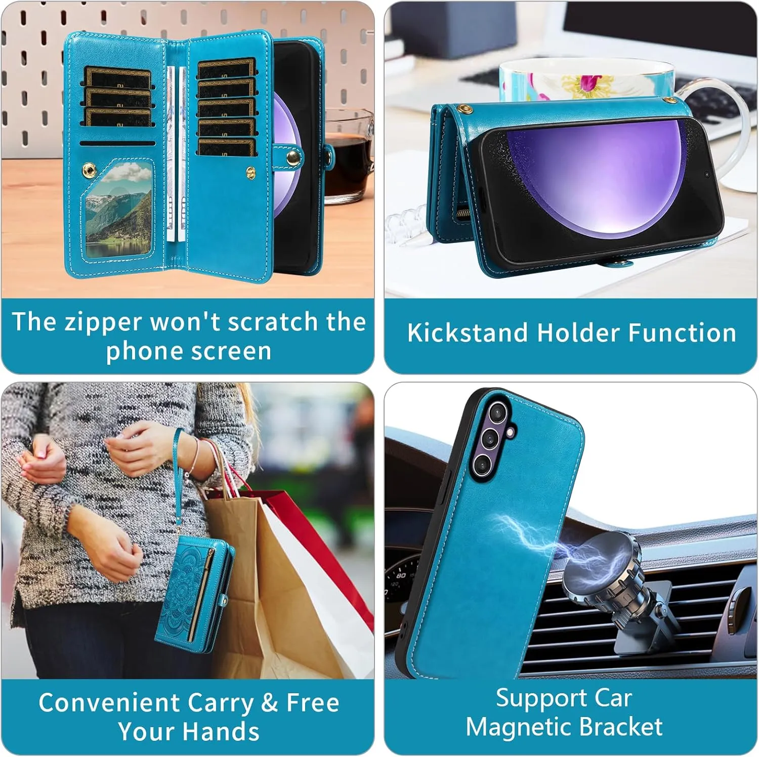 Asuwish Phone Case for Samsung Galaxy S23 FE 5G Zipper Wallet Magnetic Detachable Cell Cover with Tempered Glass Screen Protector Crossbody Strap Flower Credit Card Holder S 23 EF S23FE 23S Women Blue