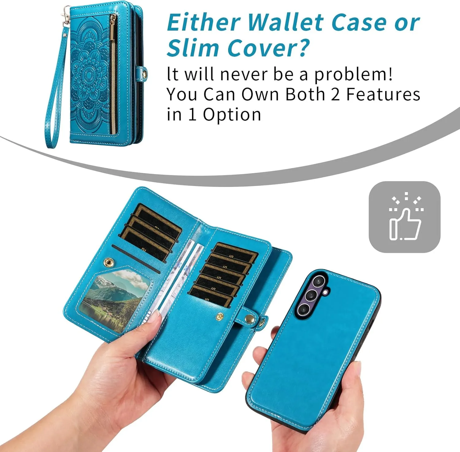 Asuwish Phone Case for Samsung Galaxy S23 FE 5G Zipper Wallet Magnetic Detachable Cell Cover with Tempered Glass Screen Protector Crossbody Strap Flower Credit Card Holder S 23 EF S23FE 23S Women Blue