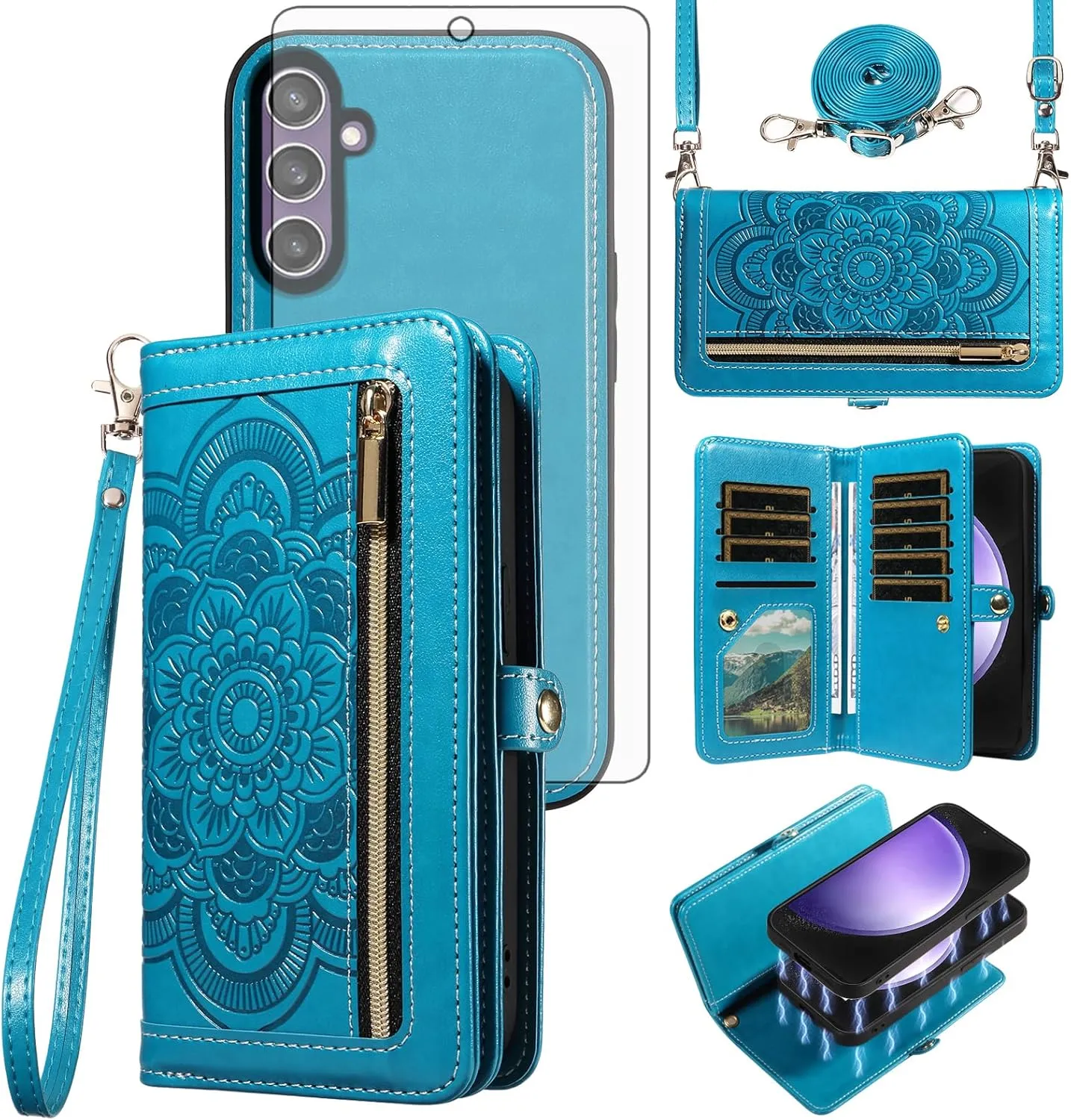 Asuwish Phone Case for Samsung Galaxy S23 FE 5G Zipper Wallet Magnetic Detachable Cell Cover with Tempered Glass Screen Protector Crossbody Strap Flower Credit Card Holder S 23 EF S23FE 23S Women Blue
