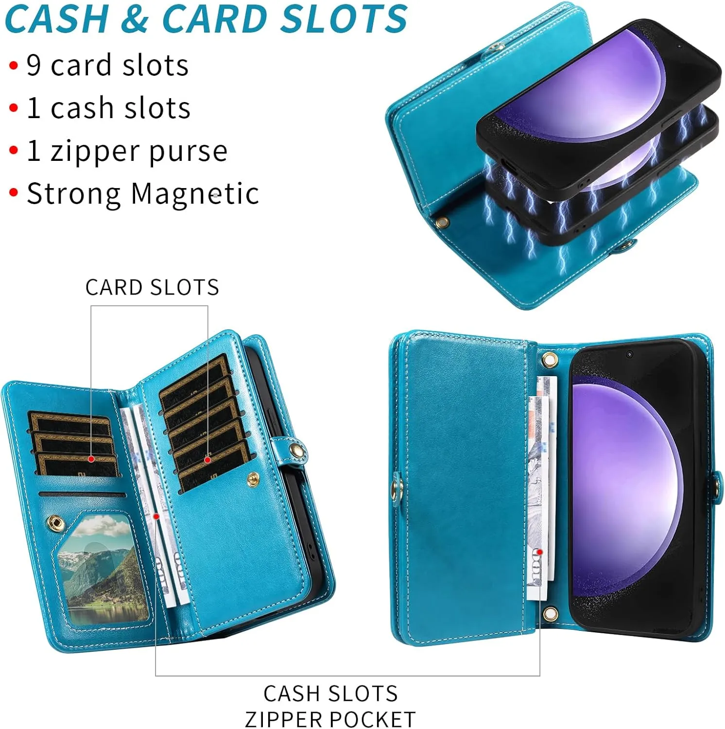 Asuwish Phone Case for Samsung Galaxy S23 FE 5G Zipper Wallet Magnetic Detachable Cell Cover with Tempered Glass Screen Protector Crossbody Strap Flower Credit Card Holder S 23 EF S23FE 23S Women Blue