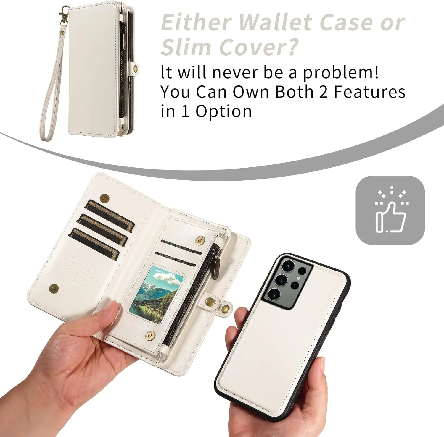 Asuwish Phone Case for Samsung Galaxy S23 Ultra 5G Zipper Wallet Detachable Cover with Screen Protector Crossbody Lanyard Strap Flip Card Holder Slot S23Ultra 23S S 23 23Ultra 6.8 inch White