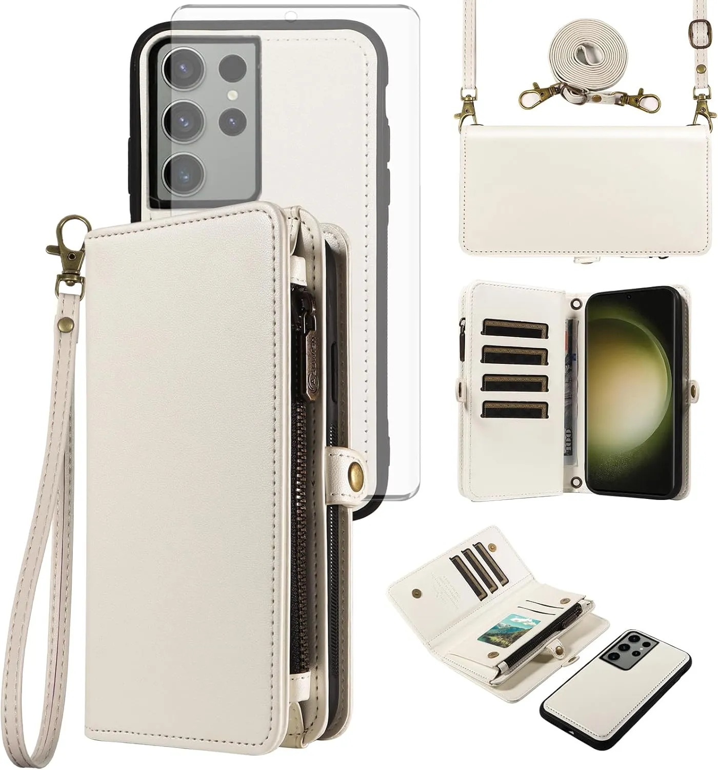 Asuwish Phone Case for Samsung Galaxy S23 Ultra 5G Zipper Wallet Detachable Cover with Screen Protector Crossbody Lanyard Strap Flip Card Holder Slot S23Ultra 23S S 23 23Ultra 6.8 inch White